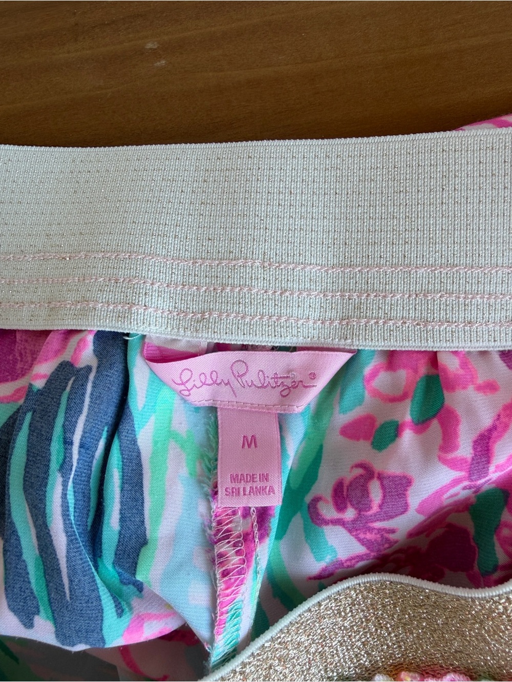 Lilly Pulitzer Pink Teal Floral Lounge Shorts with Gold Waistband - Picture 3 of 3